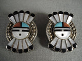 Cute Vintage Zuni Turquoise Coral Native American Jewelry Silver Sun Earrings-Nativo Arts