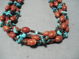 Native American Tremendous Santo Domingo 5 Strand Turquoise Coral Sterling Silver Necklace-Nativo Arts