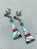 Native American Baroque Vintage Zuni Turquoise Coral Inlay Sterling Silver Earrings-Nativo Arts