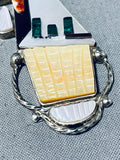 Phil Gia Vintage Native American Zuni Inlay Textured Turquoise Sterling Silver Necklace-Nativo Arts