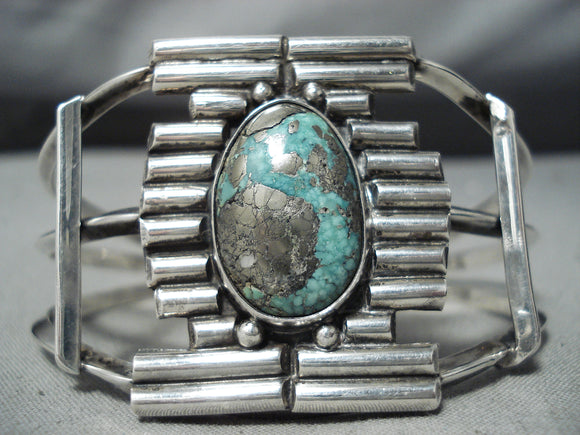 Rare Vintage Native American Navajo Segmented Sterling Silver Turquoise Bracelet Old-Nativo Arts