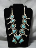 Chunky Vintage Native American Navajo Turquoise Sterling Silver Squash Blossom Necklace-Nativo Arts