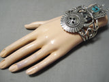 Huge Detailed Kachina Vintage Native American Navajo Turquoise Sterling Silver Bracelet Old-Nativo Arts