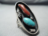 Outstanding Vintage Native American Navajo Green Turquoise Coral Sterling Silver Ring-Nativo Arts