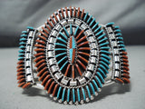 Enormous Native American Zuni Turquoise Coral Needlepoint Sterling Silver Bracelet-Nativo Arts