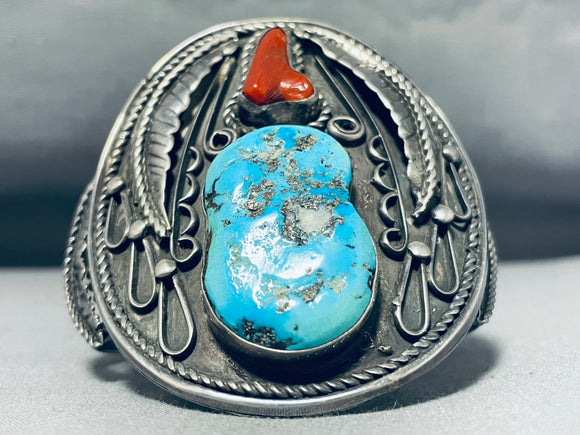 Monster Mens Vintage Native American Navajo Turquoise Coral Sterling Silver Bracelet-Nativo Arts