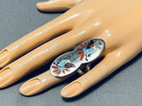 Extreme Intricacy Native American Zuni Turquoise Coral Sterling Silver Bird Ring-Nativo Arts