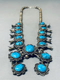 Blue Thunder Turquoise Vintage Native American Navajo Sterling Silver Squash Blossom Necklace-Nativo Arts