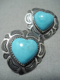 Incredible Vintage Native American Navajo Turquoise Heart Sterling Silver Earrings-Nativo Arts