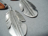 Outstanding Native American Navajo Spiny Oyster Shell Sterling Silver Feather Earrings-Nativo Arts