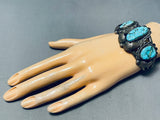 Optimum Vintage Native American Navajo #8 Turquoise Sterling Silver Leaf Bracelet Cuff-Nativo Arts