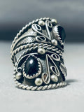 Dynamic Adjustable Vintage Native American Navajo Jet Sterling Silver Ring Signed-Nativo Arts