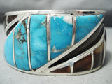 One Of The Best Vintage Native American Navajo Turquoise Inlay Sterling Silver Bracelet Huge-Nativo Arts