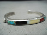 Intricate Vintage Native American Navajo Turquoise Coral Sterling Silver Inlay Bracelet Old-Nativo Arts