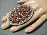 One Of The Biggest Native American Navajo Coral Chunk Sterling Silver Ring-Nativo Arts