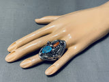 Astounding Native American Navajo Turquoise Coral Sterling Silver Ring-Nativo Arts