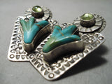 Huge Detailed Vintage Native American Navajo Turquoise Sterling Silver Cactus Earrings-Nativo Arts