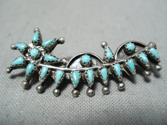 Incredible Vintage Native American Zuni Blue Gem Turquoise Petit Pointe Sterling Silver Pin-Nativo Arts