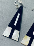 Native American Stunning Vintage Santo Domingo Inlay Jet Mother Of Pearl Large Earrings-Nativo Arts