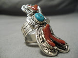 Best Towering Huge Native American Navajo Coral Sterling Silver Turquoise Ring-Nativo Arts