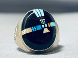 Huge Nightsky Turquoise Native American Navajo Sterling Silver Sun Ring-Nativo Arts