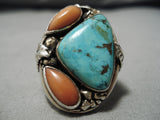Huge And Heavy!! Vintage Native American Navajo Men's Turquoise Coral Sterling Silver Ring Old-Nativo Arts