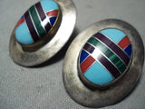 Signed Large Intricate Vintage Native American Navajo Turquoise Sterling Silver Earrings-Nativo Arts