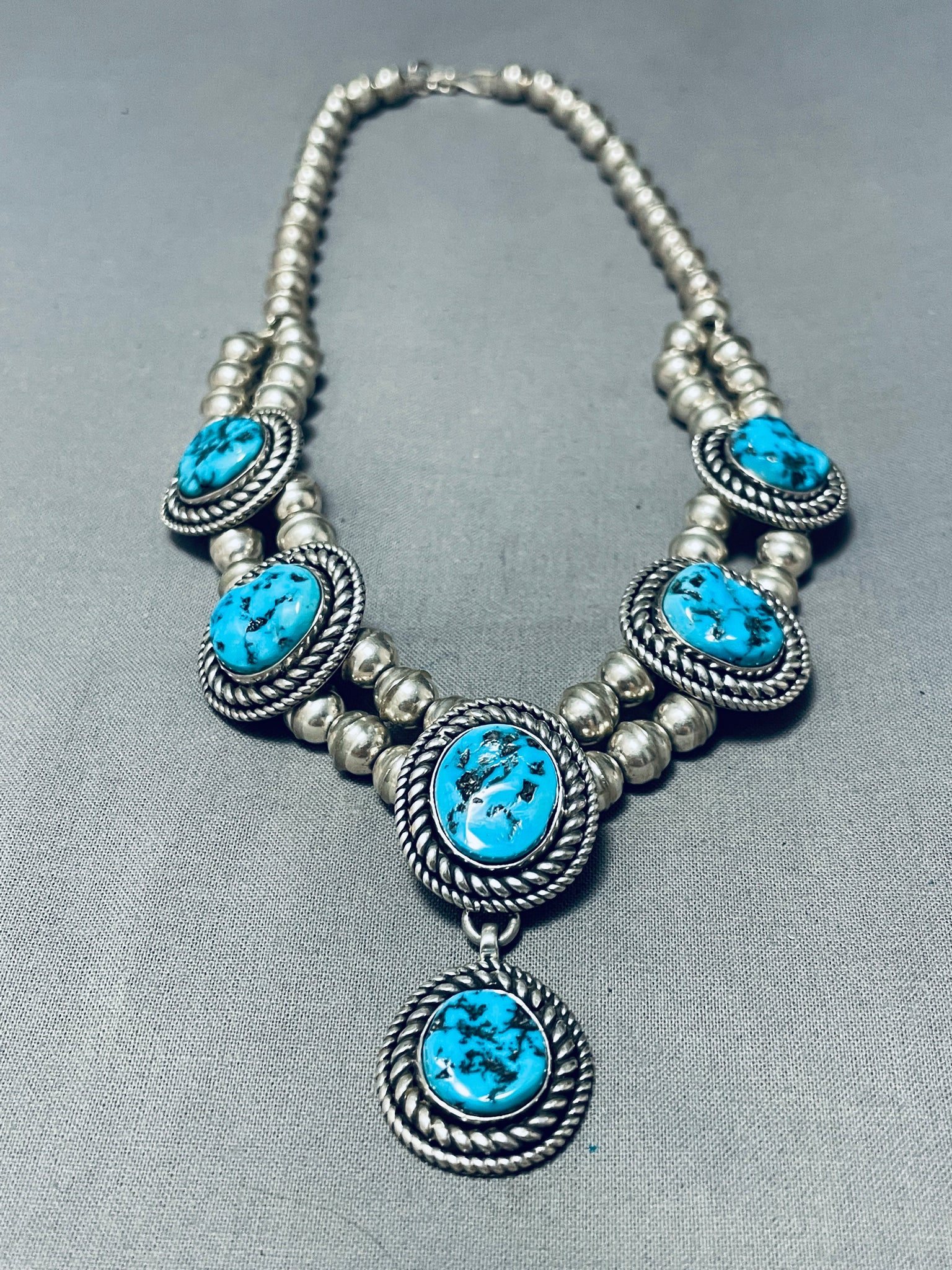 Item #1025A- Navajo Sleeping Beauty Turquoise Stamped/Textured Sterling Silver Variety Beaded Necklace by Em Teller