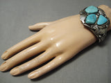 Huge Vintage Native American Navajo Natural Blue Turquoise Sterling Silver Applique Bracelet Old-Nativo Arts