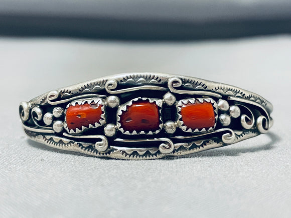 Dazzling Native American Navajo Coral Sterling Silver Bracelet-Nativo Arts