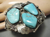 Huge Vintage Native American Navajo Natural Blue Turquoise Sterling Silver Applique Bracelet Old-Nativo Arts