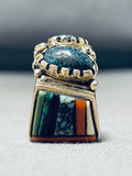 Native American Lander Blue Turquoise Vintage 14k Gold Richard Tsosie Inlay Turquoise Ring-Nativo Arts