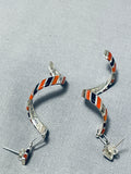 Native American Unique Shawn Sheyka Zuni Coral Jet Sterling Silver Earrings-Nativo Arts