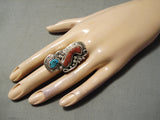 Exquisite Native American Navajo Old Kingman Turquoise & Coral Sterling Silver Ring-Nativo Arts