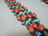Native American Tremendous Santo Domingo 5 Strand Turquoise Coral Sterling Silver Necklace-Nativo Arts