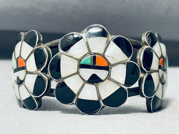 Candice Cook Vintage Native American Zuni Turquoise Inlay Sterling Silver Sun Bracelet-Nativo Arts