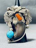 Powerful Huge Native American Navajo Turquoise Coral Sterling Silver Mens Ring-Nativo Arts