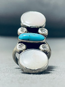 Amazing Native American Navajo Vintage Blue Gem Turquoise Mother Of Pearl Sterling Silver Ring-Nativo Arts