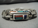 Best Vintage Native American Navajo Jimmie King Jr Turquoise Inlay Link Sterling Silver Bracelet-Nativo Arts