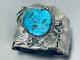 Museum Vintage Native American Navajo Big Turquoise Sterling Silver Leaf Flower Bracelet-Nativo Arts