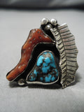Striking Vintage Native American Navajo Spiderweb Turquoise Sterling Silver Ring Old-Nativo Arts