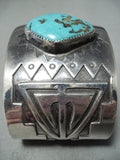 Huge Vintage Native American Navajo Rare Turquoise Sterling Silver Geomtric Bracelet-Nativo Arts