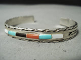 Intricate Vintage Native American Zuni Turquoise Coral Inlay Sterling Silver Bracelet-Nativo Arts