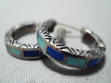 Intricate Vintage Native American Zuni Turquoise Lapis Sterling Silver Earrings Old-Nativo Arts
