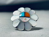 Glorious Vintage Native American Zuni Mother Of Pearl Inlay Sunface Sterling Silver Ring-Nativo Arts