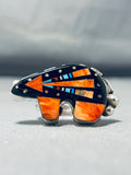 One Of The Most Intricate Native American Navajo Turquoise Inlay Sterling Silver Bear Ring-Nativo Arts