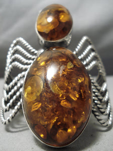 Mind Boggling Vintage Native American Navajo Amber Sterling Silver Bug Bracelet-Nativo Arts