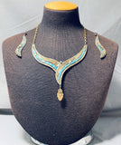 Marvelous Native American Navajo Turquoise Gold Filled Necklace And Earring Set-Nativo Arts