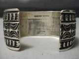 Important Stamp Genius Sterling Silver Wide Native American Navajo Bracelet Cuff-Nativo Arts