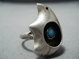 Unique Vintage Native American Navajo Turquoise Sterling Silver Bear Shadowbox Ring Old-Nativo Arts